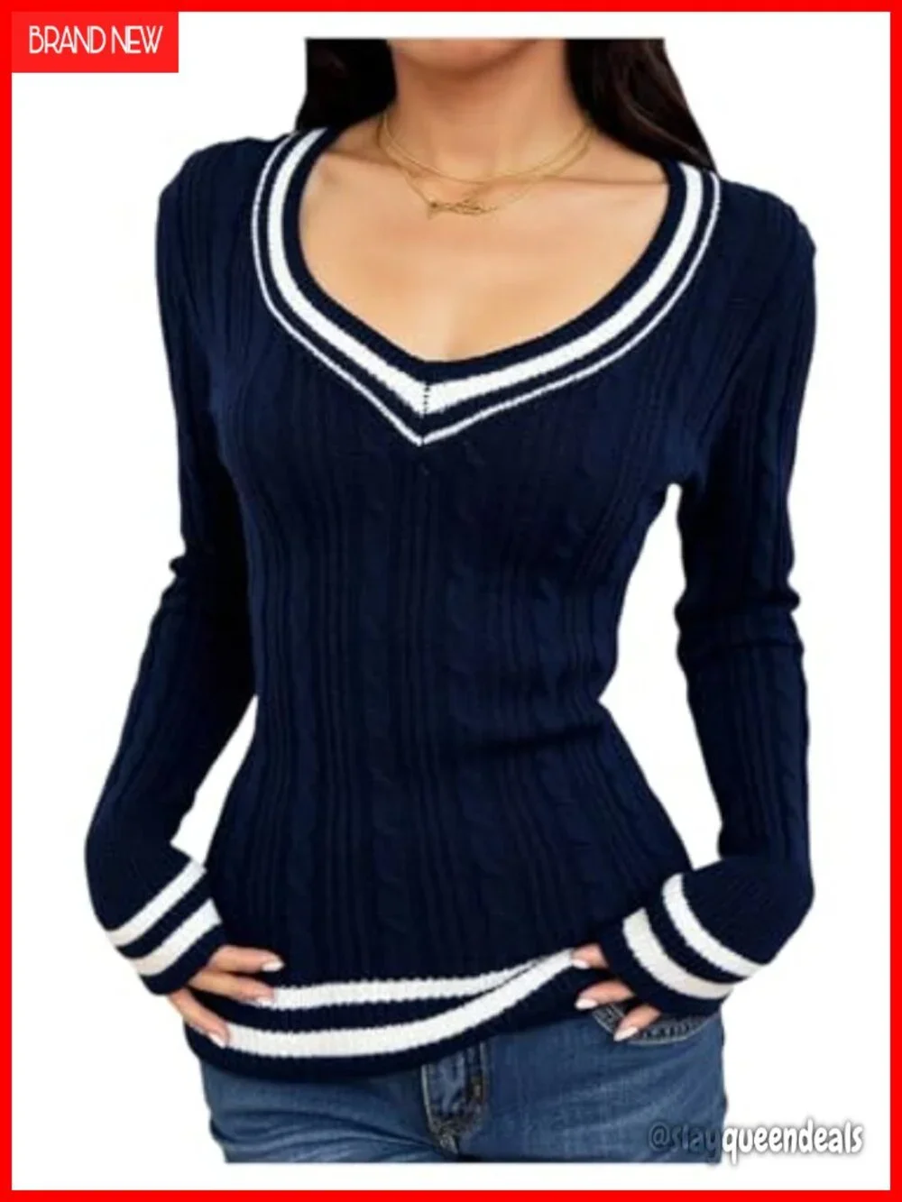 Striped V Neck Cable Knit Long Sleeve Pullover Sweater